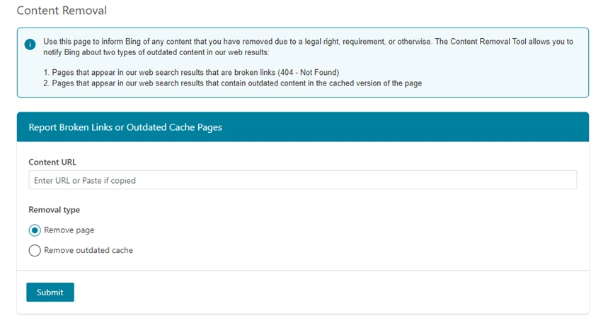 Bing Content Removal Dahboard