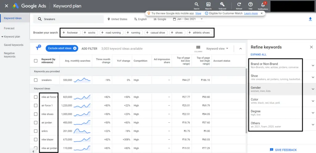 screen short of google keyword planner highlight brand or non brand, shoe, gender, color, degree, others